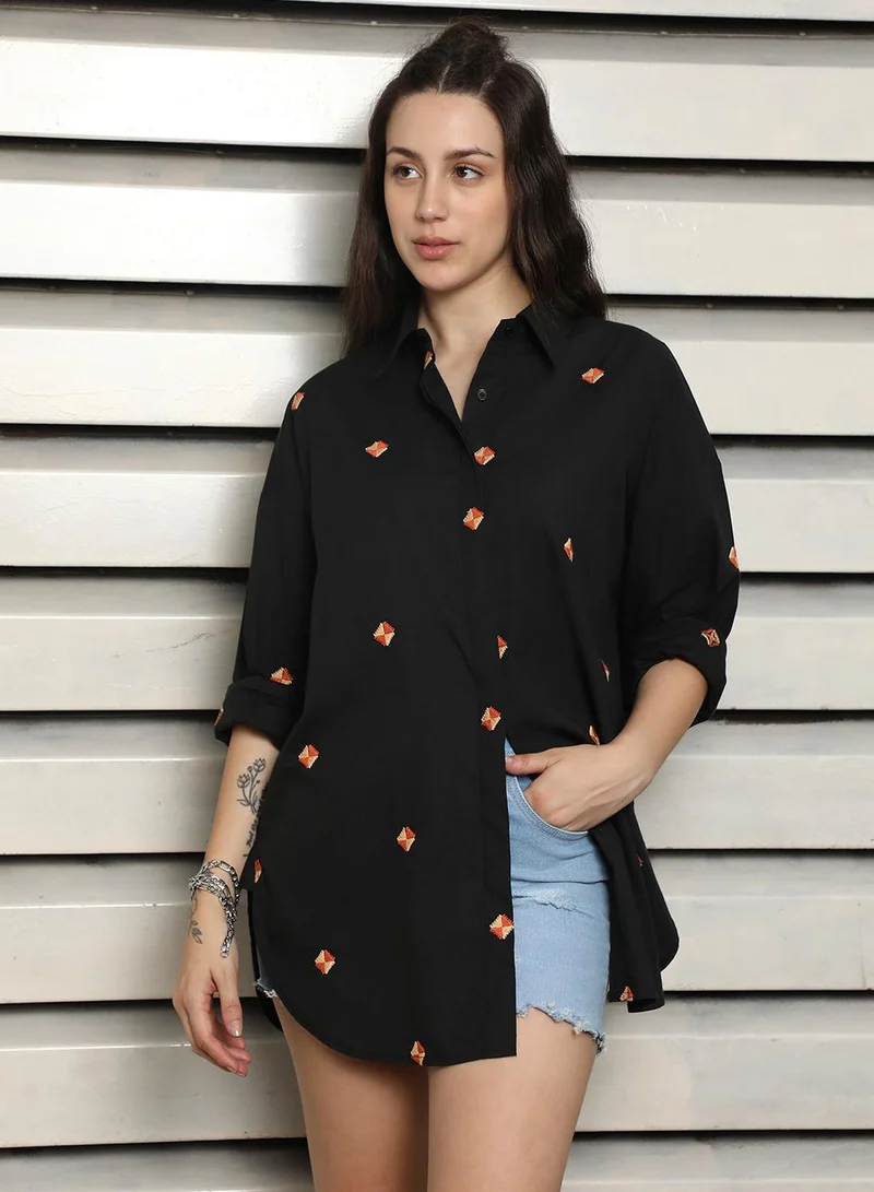 HIGH STAR Women's Black 100% Cotton Embroidered Button Down Oversized Shirt