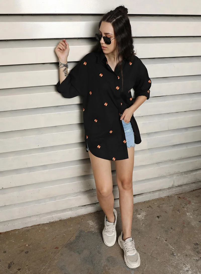HIGH STAR Women's Black 100% Cotton Embroidered Button Down Oversized Shirt
