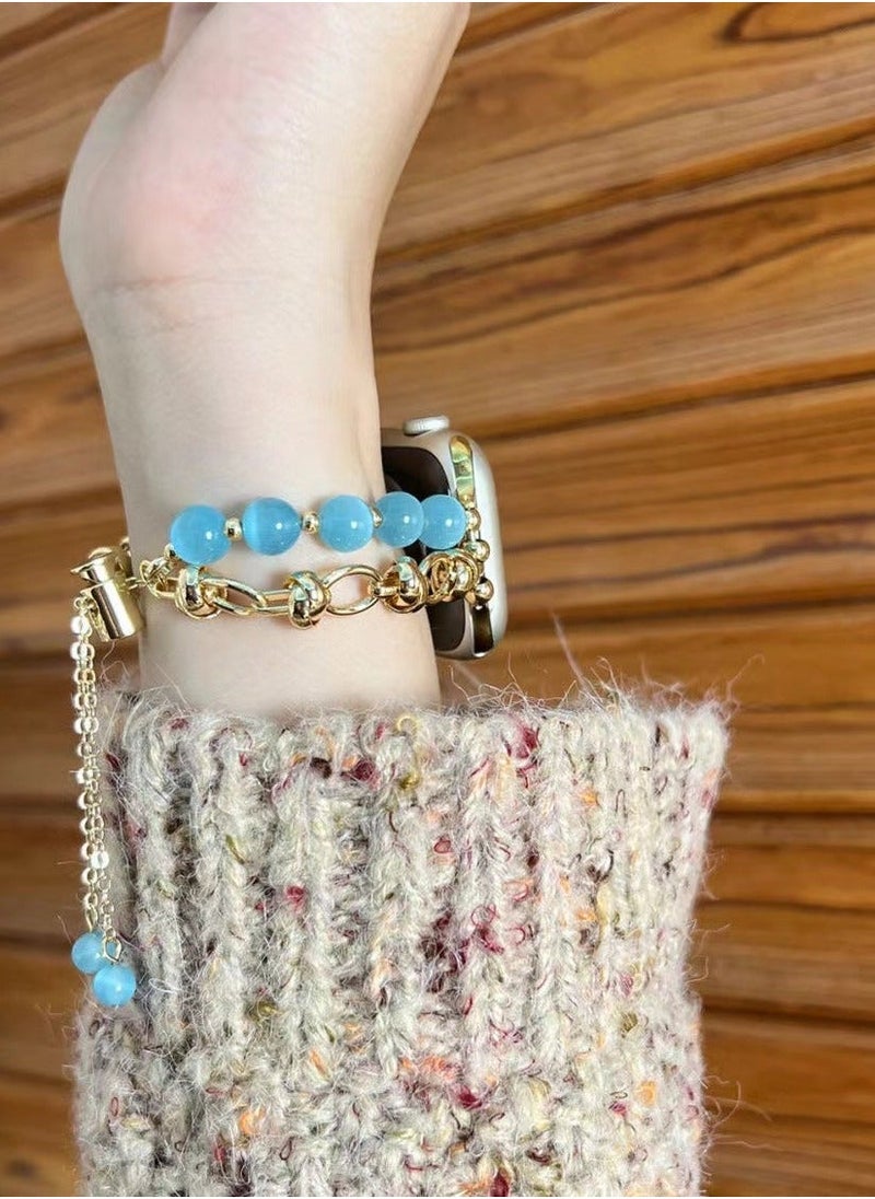 Jade Blue Crystal Beaded Watch Band AppleWatch Cat's Eye Bracelet Suitable Apple Watch Band 7/8/9E 44mm - Image 2