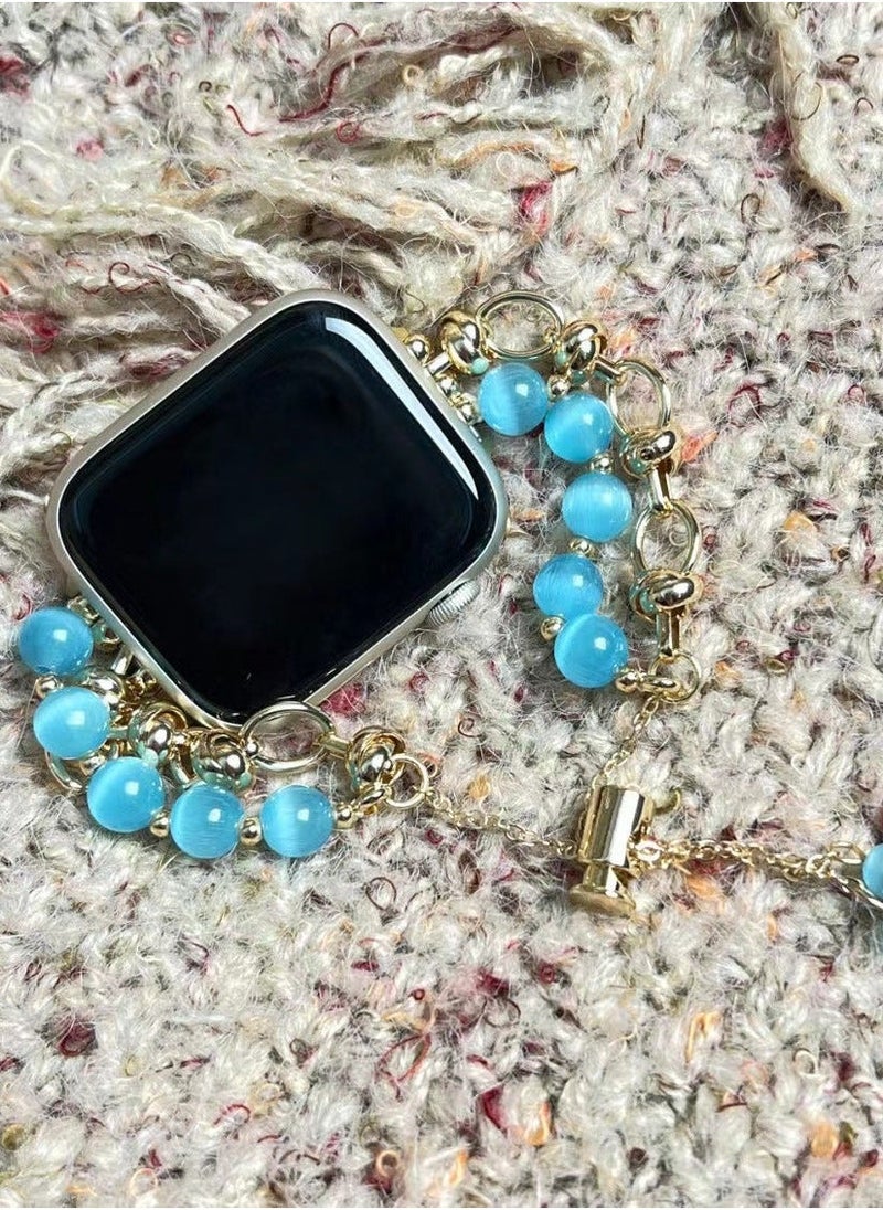Jade Blue Crystal Beaded Watch Band AppleWatch Cat's Eye Bracelet Suitable Apple Watch Band 7/8/9E 44mm - Image 1