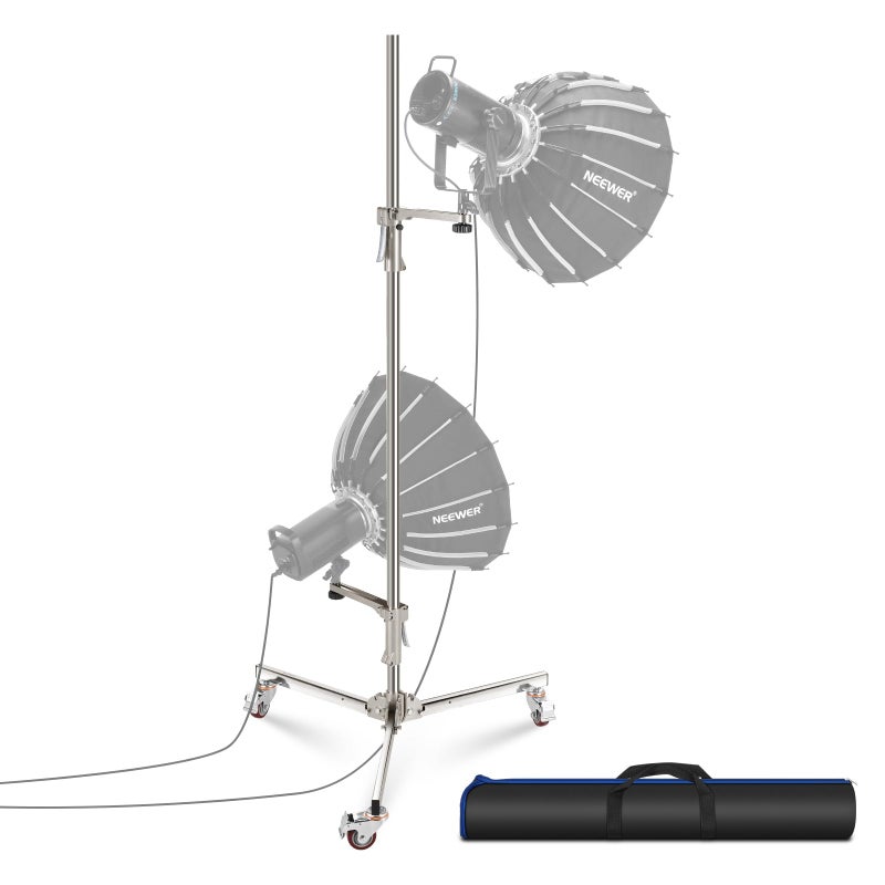 NEEWER 6.5ft/198cm Stainless Steel Light Stand, Heavy Duty Tripod Stand with Caster Wheels, 2 Sliding Arms with Pistol Grip, Folding Leg for Photography Softbox Monolight, Max. Load 35lb/16kg, ST198SS - Image 1