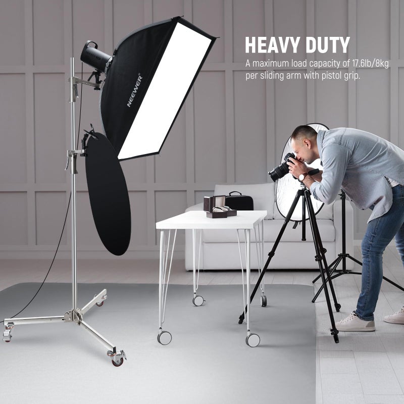 NEEWER 6.5ft/198cm Stainless Steel Light Stand, Heavy Duty Tripod Stand with Caster Wheels, 2 Sliding Arms with Pistol Grip, Folding Leg for Photography Softbox Monolight, Max. Load 35lb/16kg, ST198SS - Image 2