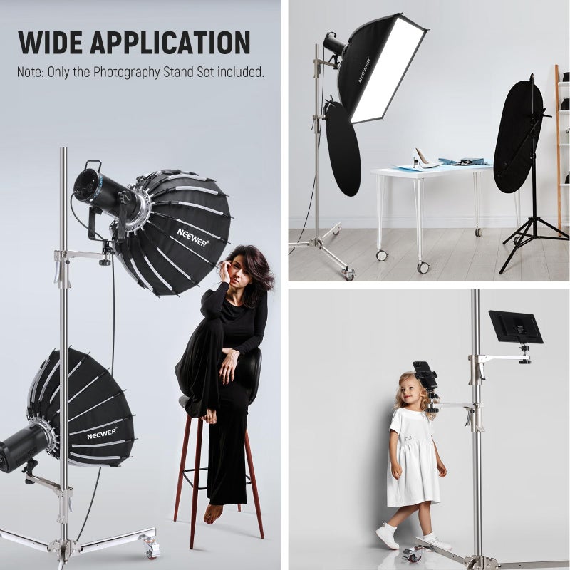 NEEWER 6.5ft/198cm Stainless Steel Light Stand, Heavy Duty Tripod Stand with Caster Wheels, 2 Sliding Arms with Pistol Grip, Folding Leg for Photography Softbox Monolight, Max. Load 35lb/16kg, ST198SS - Image 3