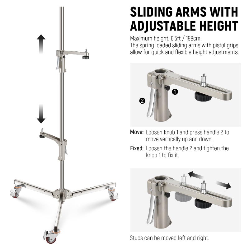 NEEWER 6.5ft/198cm Stainless Steel Light Stand, Heavy Duty Tripod Stand with Caster Wheels, 2 Sliding Arms with Pistol Grip, Folding Leg for Photography Softbox Monolight, Max. Load 35lb/16kg, ST198SS - Image 5