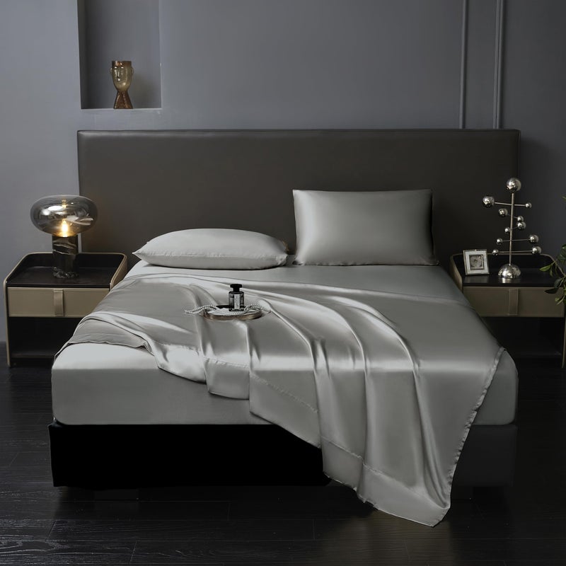Revdomfly 4 Pcs Full Size Luxury Silky Soft Grey Satin Sheet Set1 Premium Moisture Wicking Fitted Sheet Fits Up to 16 Inches Deep Pocket  1 Flat Sheet  2 PillowcasesGrey Full