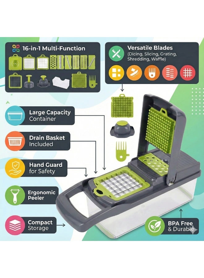 16 Pcs Vegetable Chopper and Slicer Set with Container, Manual Multi Function Veggie Dicer Grater and Peeler for Fast Salad and Food Prep - Image 3