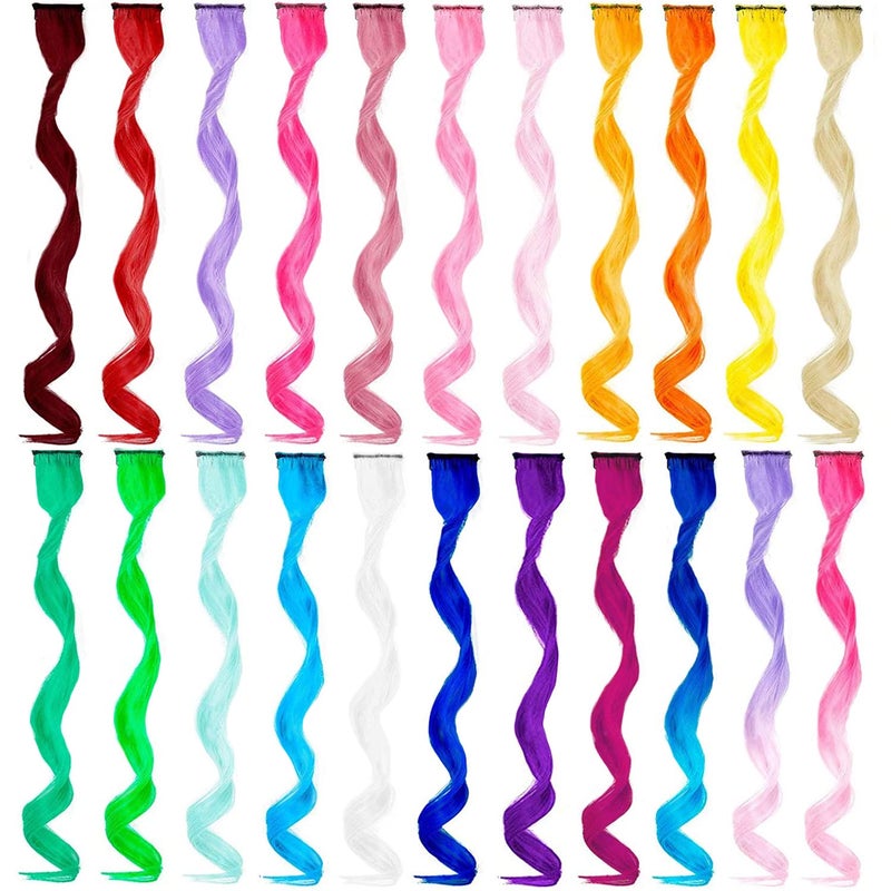 22 PCS Colored Hair Extensions Clip in Curly Wavy Colorful Extension for Kids Girls  Party Highlights Synthetic Hairpiece 17 inch