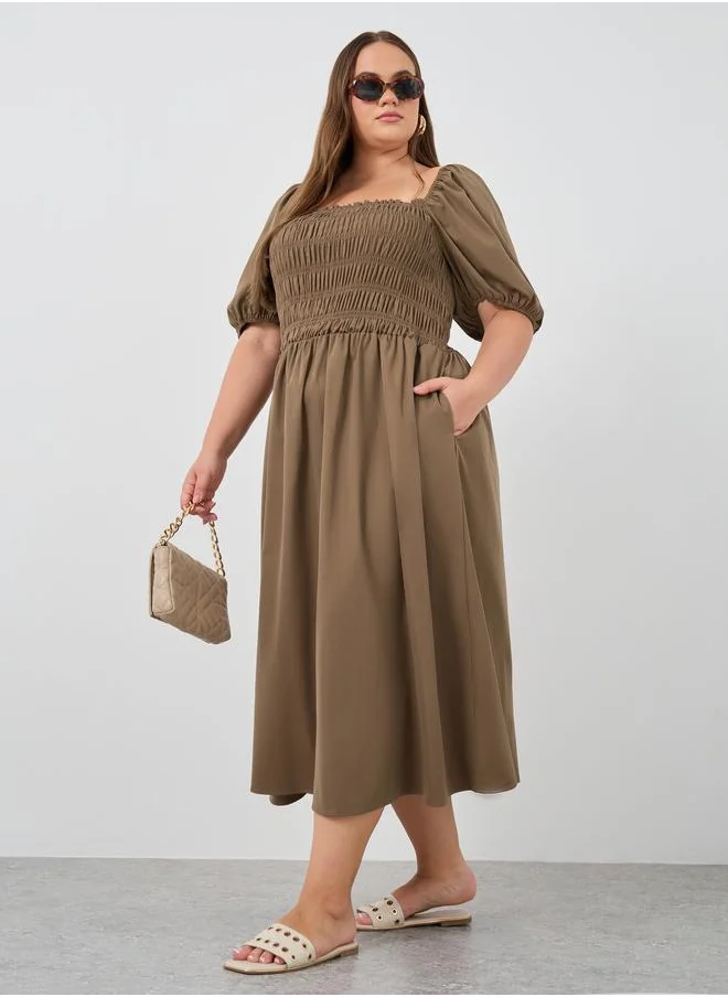 ستايلي Styli Plus Size Puff Sleeve Smocked Detail A-Line Midi Dress