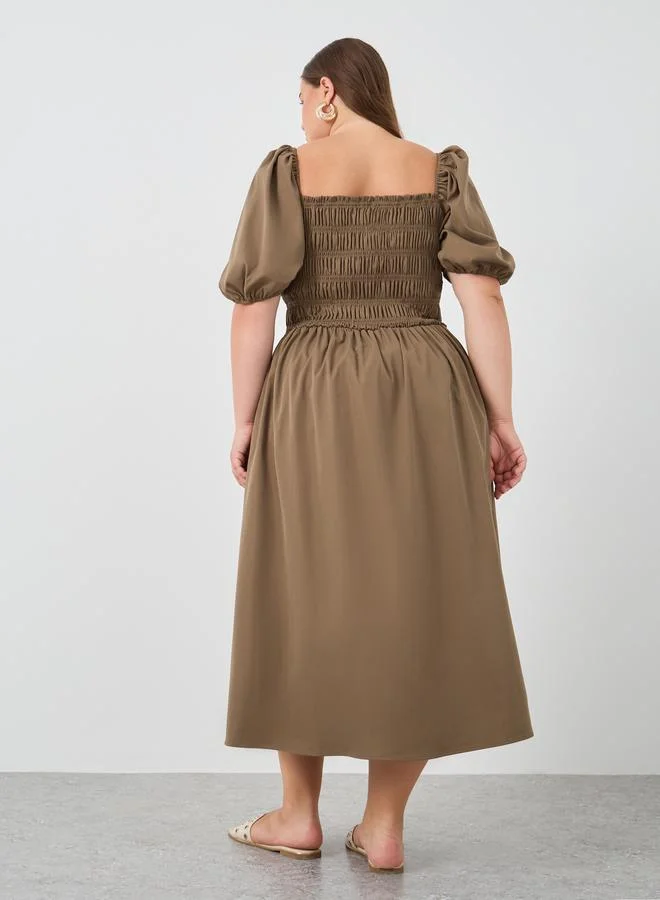 Styli Styli Plus Size Puff Sleeve Smocked Detail A-Line Midi Dress
