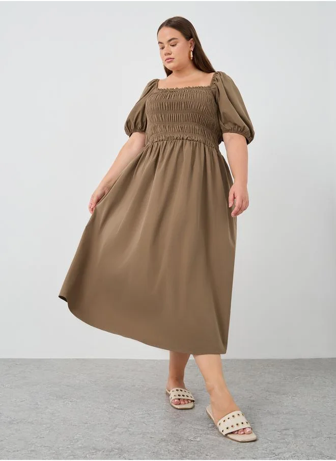 ستايلي Styli Plus Size Puff Sleeve Smocked Detail A-Line Midi Dress