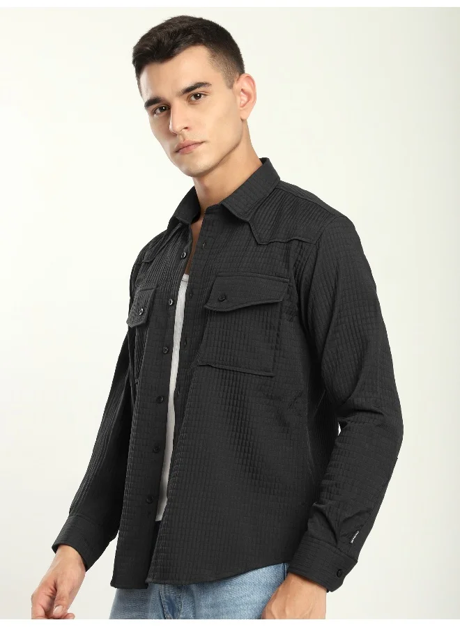 Beyoung Black Textured Western Shirt