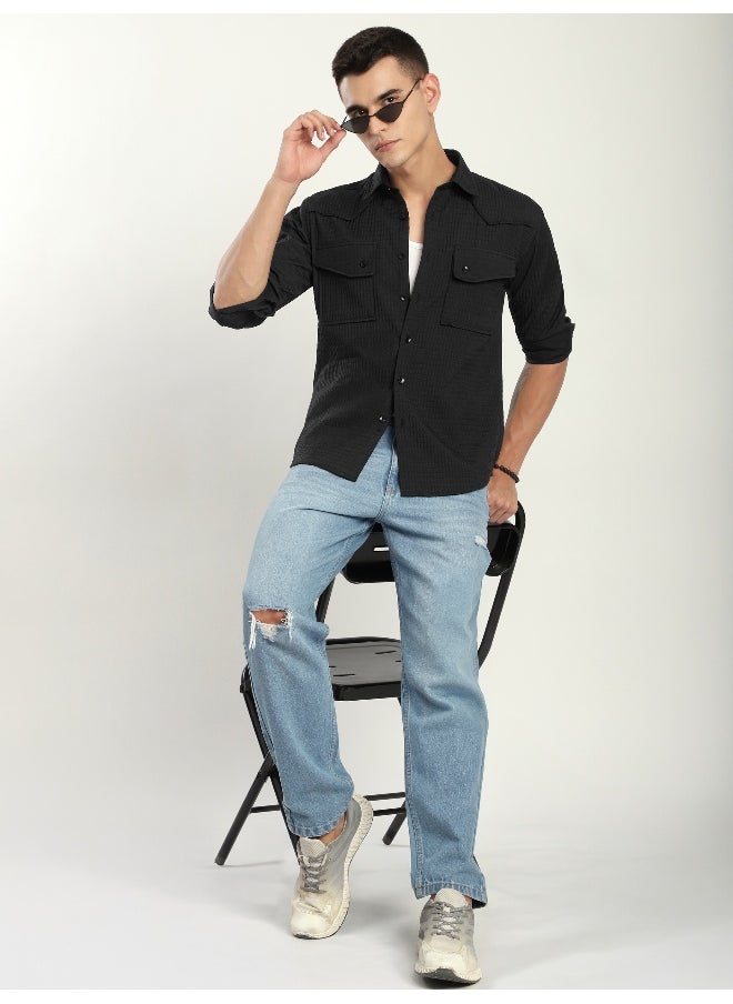 Beyoung Black Textured Western Shirt  - Image 2