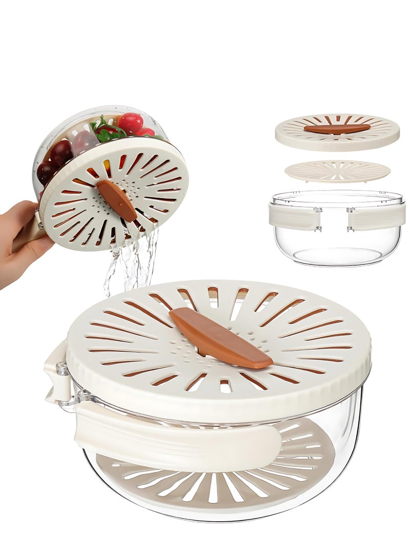 2-in-1 Multifunctional Drainer & Strainer Bowl – Food-Grade Dual-Layer Washing Basket with Lockable Lid, Foldable Handle, for Easy Fruit & Vegetable Rinsing, Draining, Mixing, and Storage – Versatile Kitchen Colander(Random Cream Brown/White)  - Image 1