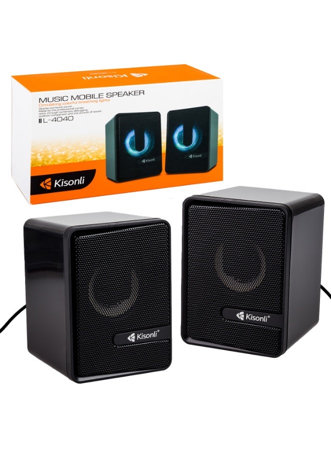 Kisonli L-4040 USB Powered Multimedia Speaker with AUX Cable & LED Lights – 2.0 Stereo Desktop Speaker - Image 1