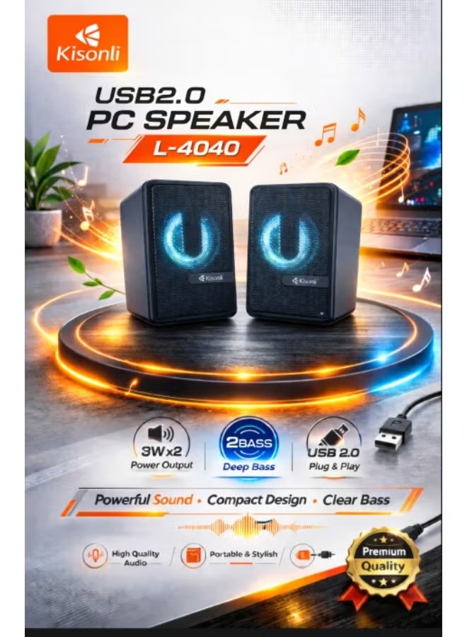 Kisonli L-4040 USB Powered Multimedia Speaker with AUX Cable & LED Lights – 2.0 Stereo Desktop Speaker - Image 2