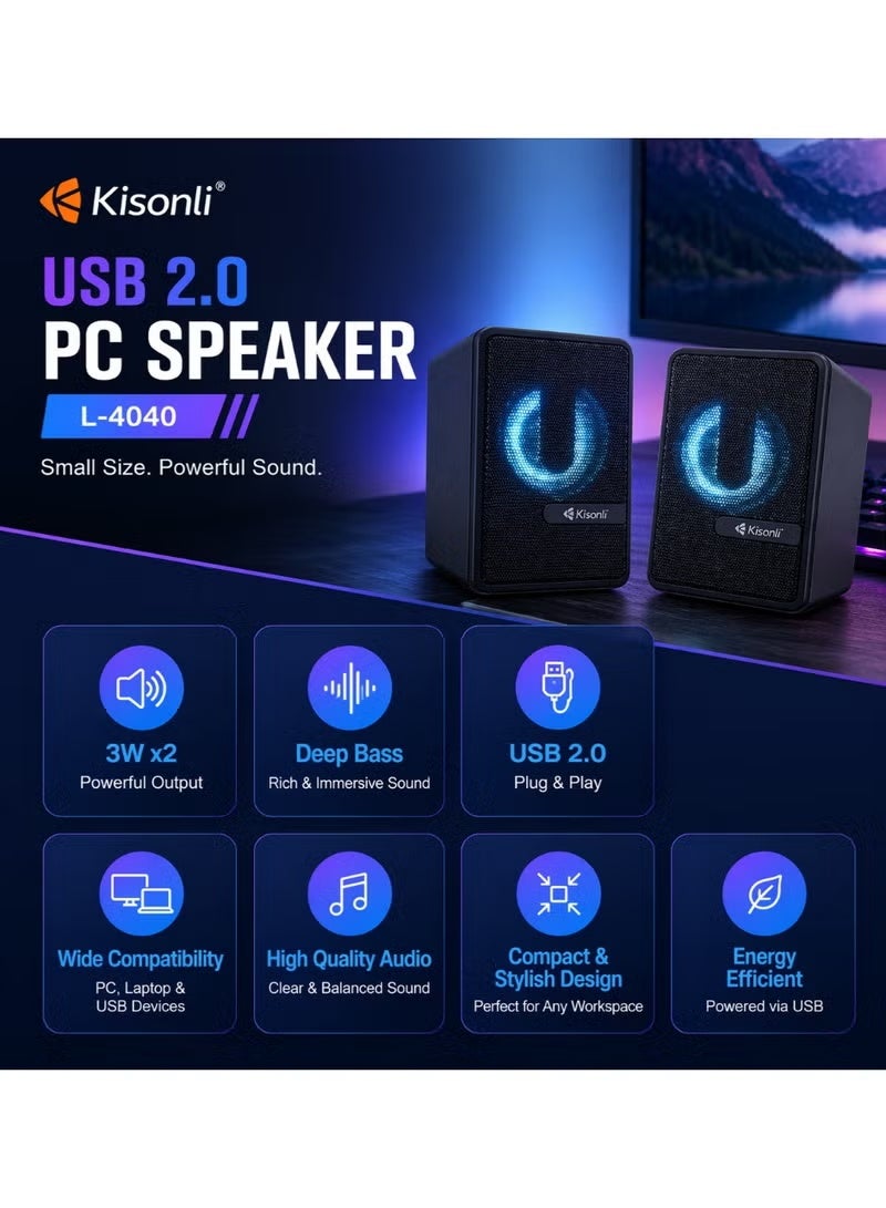 Kisonli L-4040 USB Powered Multimedia Speaker with AUX Cable & LED Lights – 2.0 Stereo Desktop Speaker - Image 3
