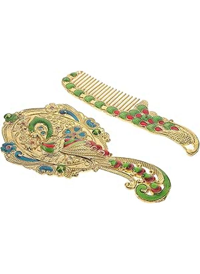 Vintage Peacock Handheld Makeup Mirror And Comb Set Metal Travel Beauty Tool - Image 1