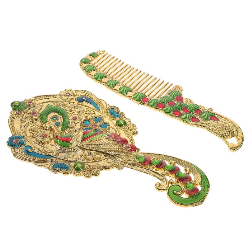Vintage Peacock Handheld Makeup Mirror And Comb Set Metal Travel Beauty Tool - Image 2