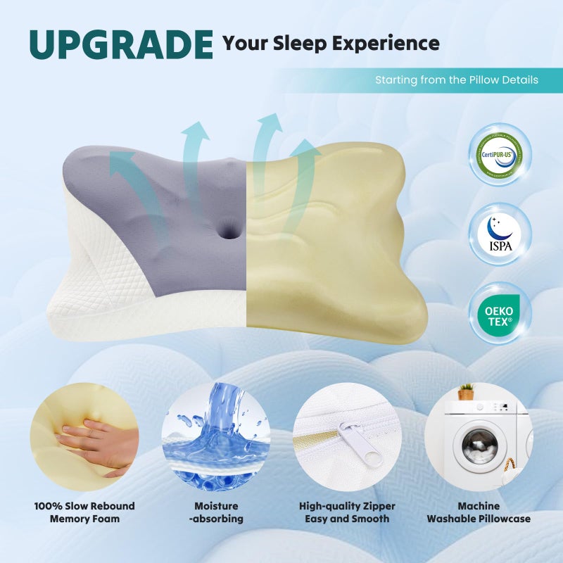 DUMOS Cervical Neck Pillow, Cooling Ergonomic Memory Foam Pillows for Neck Pain Relief with Breathable Pillowcase, Dual Height Orthopedic Support Contour Pillow for Side, Back, Stomach Sleepers, Grey - Image 4