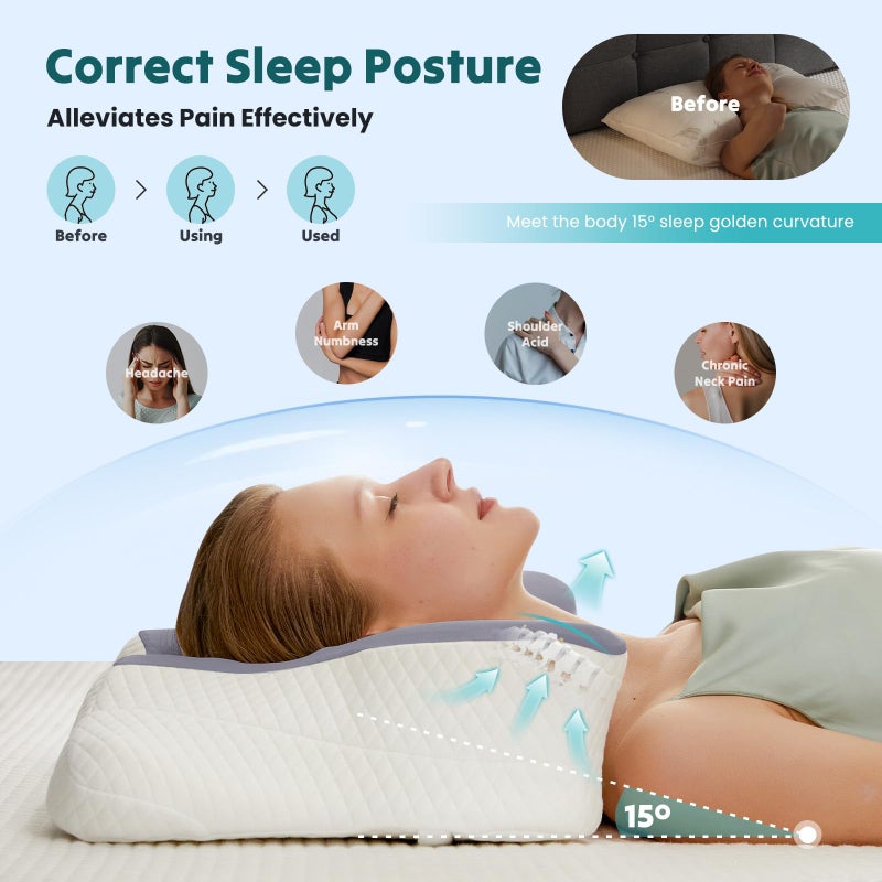 DUMOS Cervical Neck Pillow, Cooling Ergonomic Memory Foam Pillows for Neck Pain Relief with Breathable Pillowcase, Dual Height Orthopedic Support Contour Pillow for Side, Back, Stomach Sleepers, Grey - Image 5