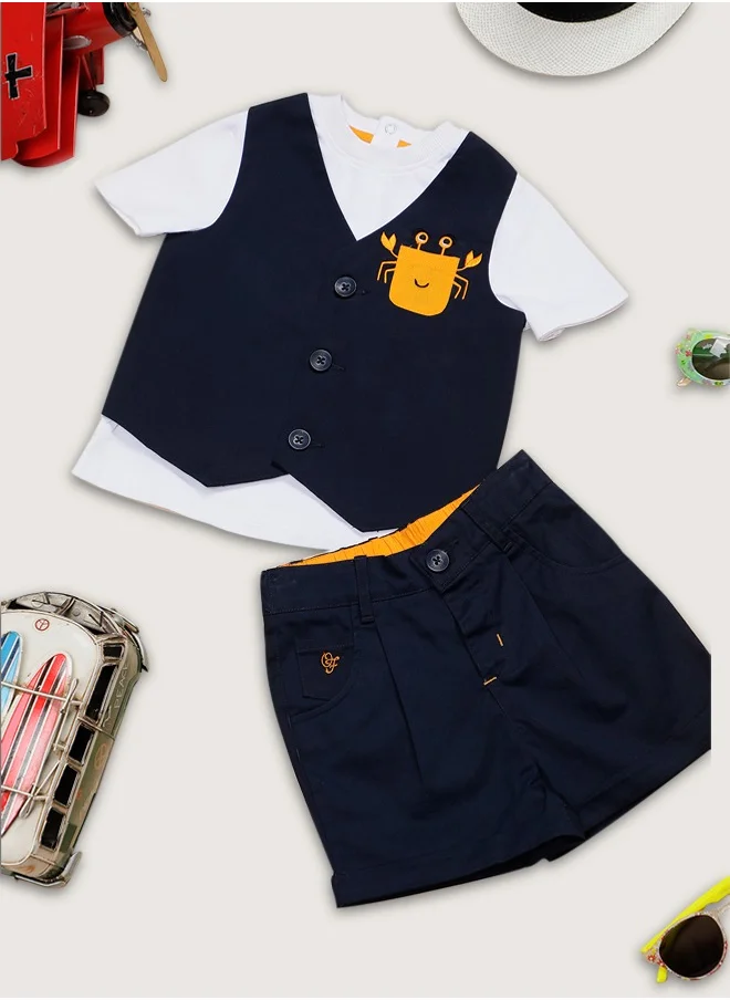 ون فرايدي One Friday Baby Boys Navy Blue and White Cotton Round Neck Tee With Embroidered Waistcoat and Short