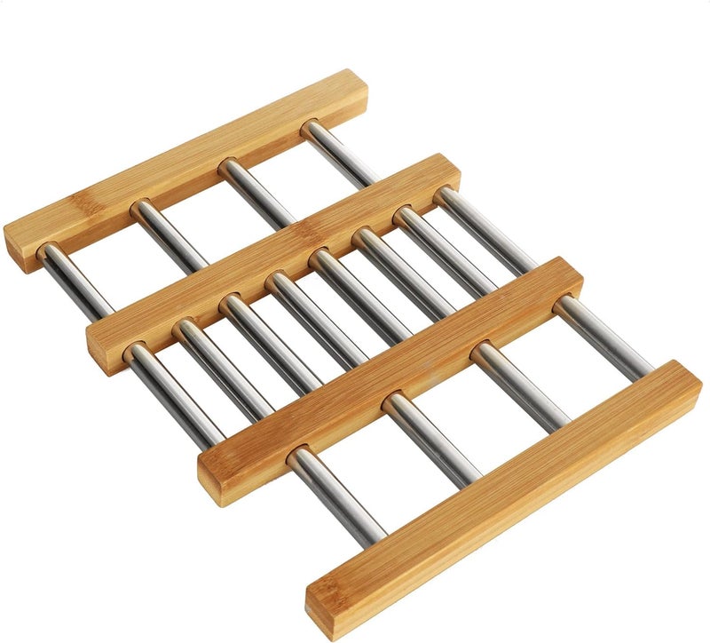 Sevia Bamboo and Stainless Steel Pot Trivet - Extendable Trivet - Kitchen Accessories - Adjustable Wooden Base Bamboo Table Mat - Kitchen Dining Tableware Accessories for Food Table Set Mat - Image 1