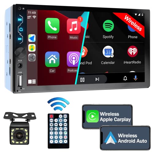 Leadfan Double Din Car Stereo with Wireless Carplay,Wireless Android Auto,7 inch Touch Screen Radio with Backup Camera,Bluetooth Car Audio Receiver,Mirror Link,SWC,FM/USB/AUX/Subwoofer - Image 1
