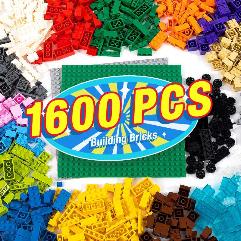 MANNIDOO 1600 Pieces Building Bricks Building Bulk Block with 2 Packs 24x24 Studs Sticky Plate and 46PCS Wheel Accessory Compatible with All Major Bricks Gfits for Kid 18 Shape16 Colo - Image 4