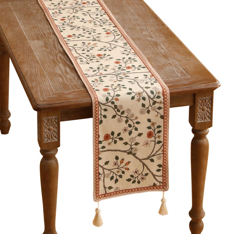 ISAENNE Designer Elegant Linen Table Runner 71 Inches, Farmhouse White and Orange Floral Pattern Table Runners for Dining Tables,Decoration for Kitchen,Parties,Thanksgiving,12"x71" - Image 1