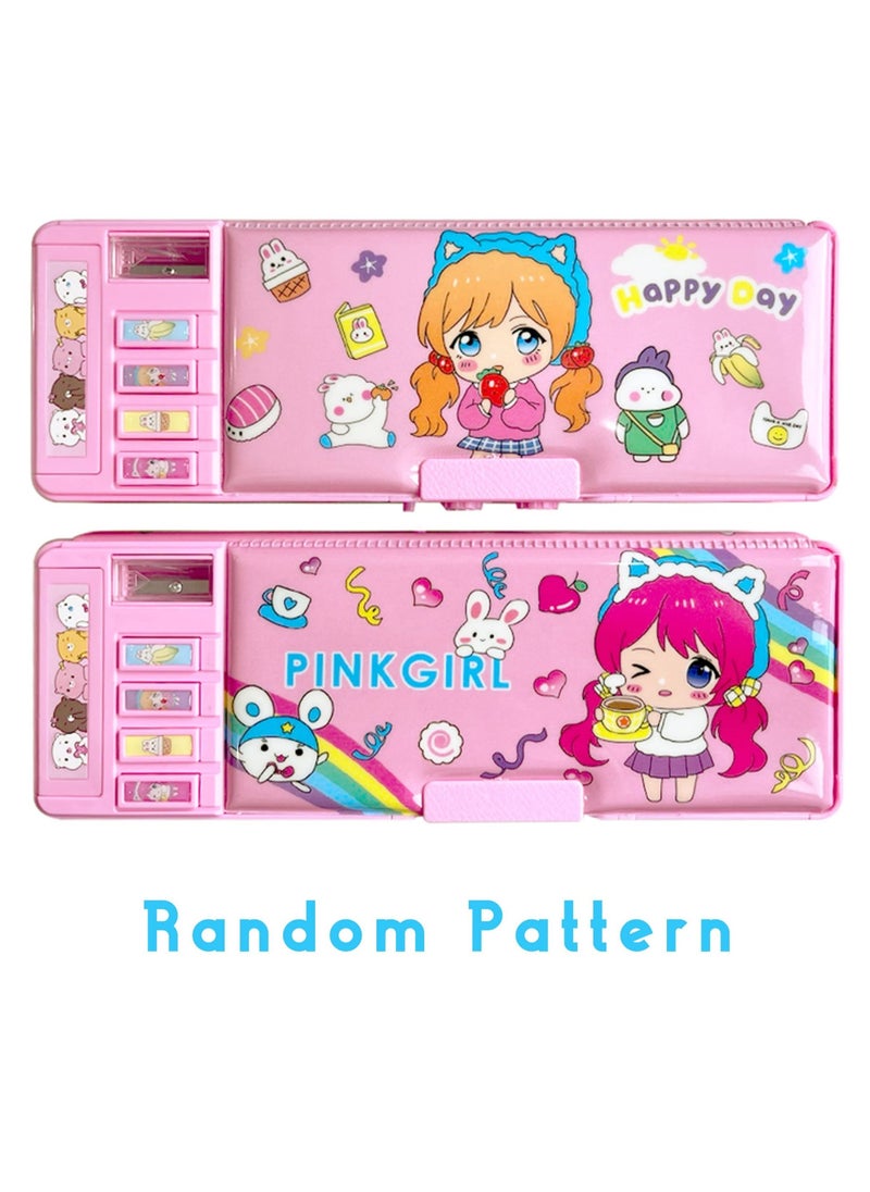 SYOSI - Pop Up Multifunction Pencil Case for Girls (Random Pattern), Cute Cartoon Pen Box Organizer Stationery with Lock, Sharpener, Schedule, Whiteboard, School Supplies, Best Gifts for Kids Teens(Pink) - Image 1