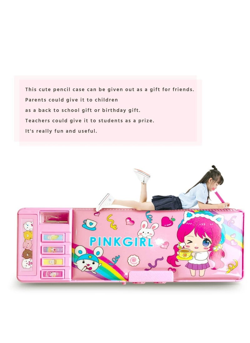 SYOSI - Pop Up Multifunction Pencil Case for Girls (Random Pattern), Cute Cartoon Pen Box Organizer Stationery with Lock, Sharpener, Schedule, Whiteboard, School Supplies, Best Gifts for Kids Teens(Pink) - Image 1