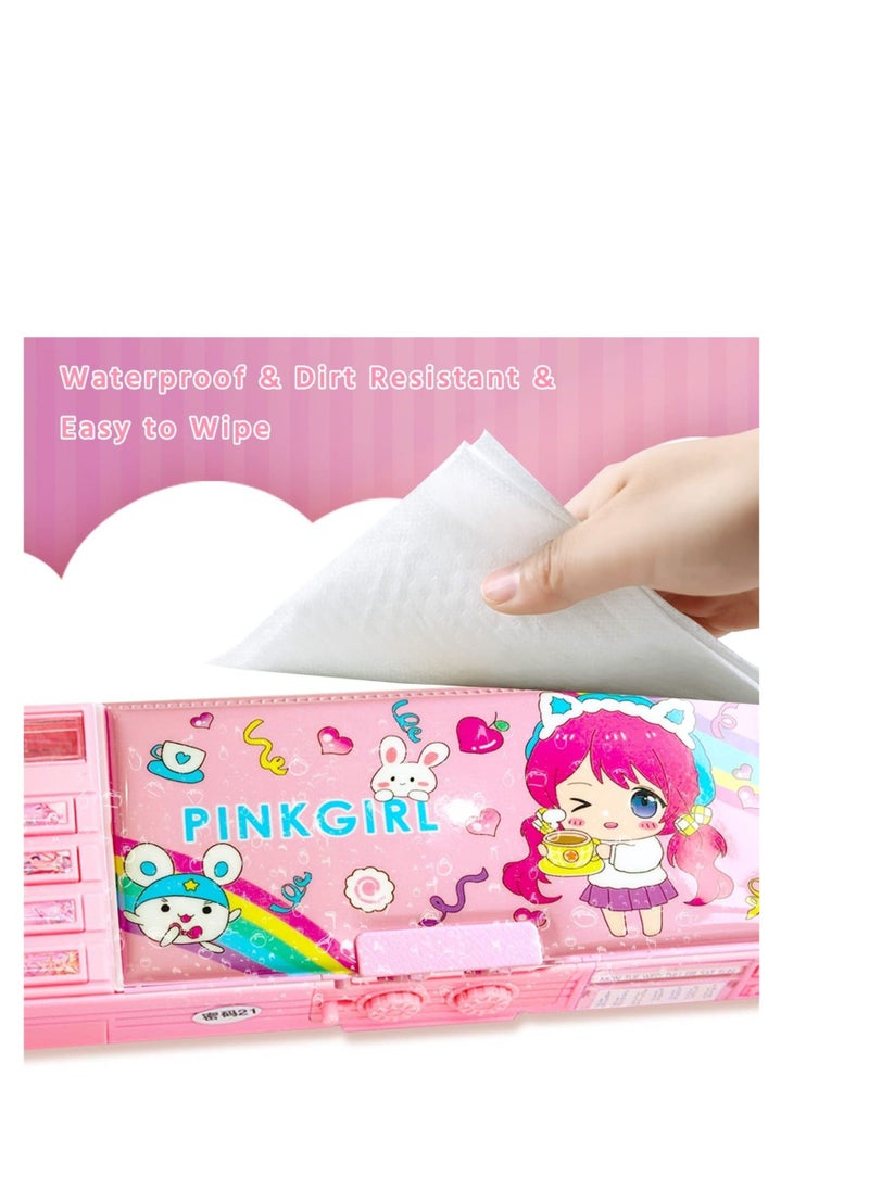 SYOSI - Pop Up Multifunction Pencil Case for Girls (Random Pattern), Cute Cartoon Pen Box Organizer Stationery with Lock, Sharpener, Schedule, Whiteboard, School Supplies, Best Gifts for Kids Teens(Pink) - Image 1