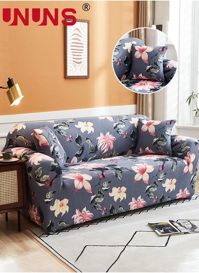 UNUNS - 4-Seater Sofa Protector Cover,Printed Stretch Couch Covers With 1 Free Pillow Case,Begonia Flower Pattern Sofa Slipcover,235-300CM - Image 1