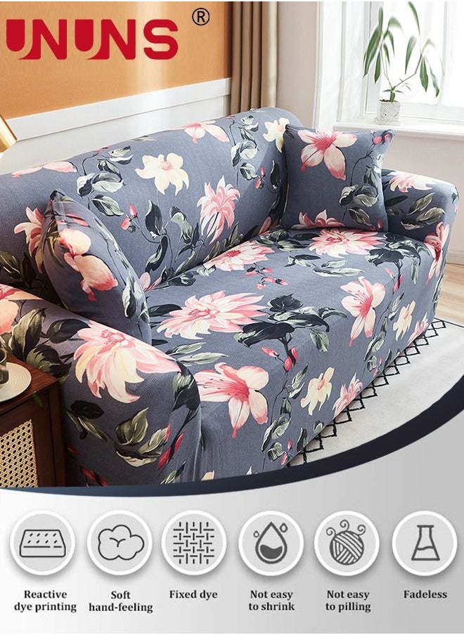UNUNS - 4-Seater Sofa Protector Cover,Printed Stretch Couch Covers With 1 Free Pillow Case,Begonia Flower Pattern Sofa Slipcover,235-300CM - Image 1