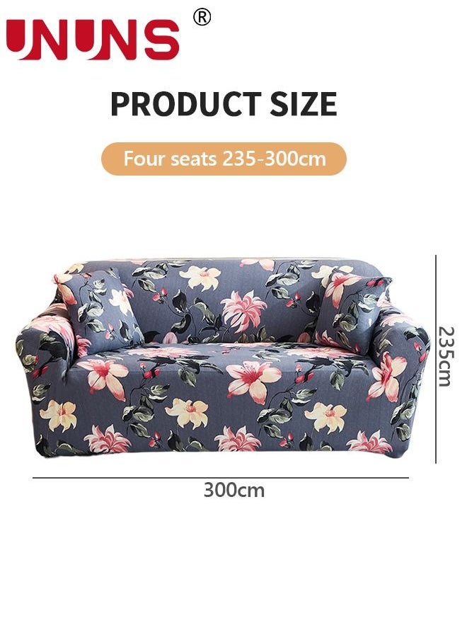 UNUNS - 4-Seater Sofa Protector Cover,Printed Stretch Couch Covers With 1 Free Pillow Case,Begonia Flower Pattern Sofa Slipcover,235-300CM - Image 1