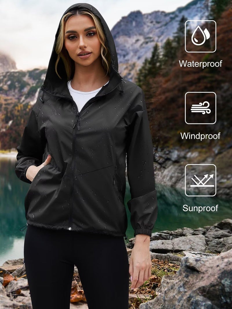 PITINAN Rain Jacket Womens Waterproof with Hood Packable Summer Rain Coats For Womens Outdoor Raincoat With Pockets Black L - Image 2