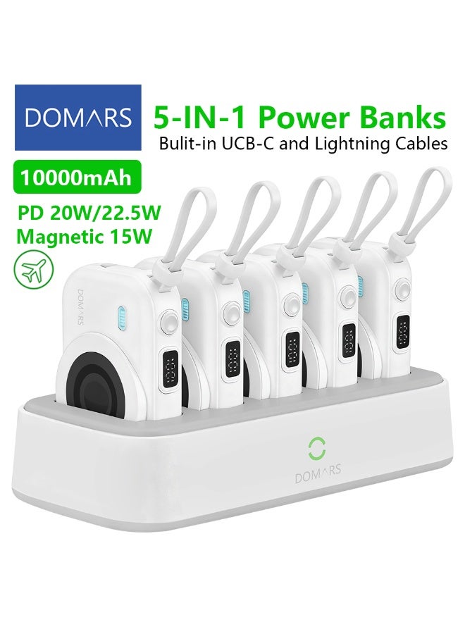 Domars Family Shared Magnetic Power Bank Set with Charging Dock | 5 X 10000mAh Portable Charger with Built-in Cables Lightning and Type-C & 15W Wireless Fast Charging For iphone X XS XR 11 12 13 14 15 16 17 Pro Max | LED Display | Airport Friendly Home & Travel Etc (White) - Image 1