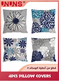 UNUNS Blue Pillow Covers,18x18inch (45X45cm) Set Of 4 Grey Decorative Throw Pillow Cover For Couch,Modern Daisy Pillows Case For Living Room Cushion Bed Outdoor Navy Blue And Gray Home Decor  - Image 1