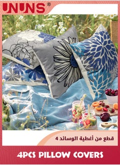 UNUNS Blue Pillow Covers,18x18inch (45X45cm) Set Of 4 Grey Decorative Throw Pillow Cover For Couch,Modern Daisy Pillows Case For Living Room Cushion Bed Outdoor Navy Blue And Gray Home Decor  - Image 2