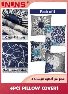 UNUNS Blue Pillow Covers,18x18inch (45X45cm) Set Of 4 Grey Decorative Throw Pillow Cover For Couch,Modern Daisy Pillows Case For Living Room Cushion Bed Outdoor Navy Blue And Gray Home Decor  - Image 3