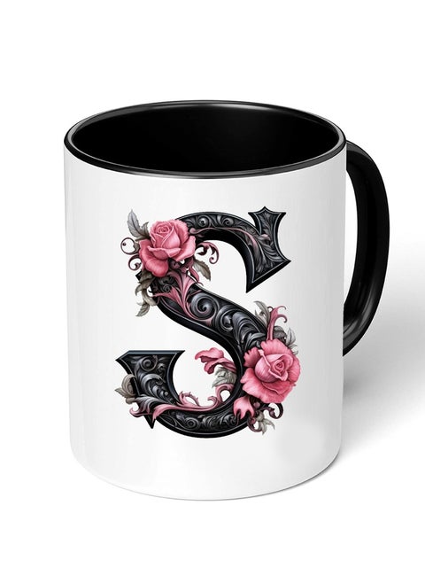 Monogrammed Initial Ceramic Coffee Mug - Stylized Designer Printed Black Two-Tone - Ceramic Coffee or Tea Mug 11 Oz - Glossy Black Mug - Personalized Gift For Family Members And Friends