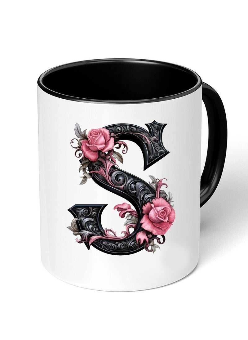 PRINTSHOP4ME Monogrammed Initial Ceramic Coffee Mug - Stylized Designer Printed Black Two-Tone - Ceramic Coffee or Tea Mug 11 Oz - Glossy Black Mug - Personalized Gift For Family Members And Friends  - Image 1