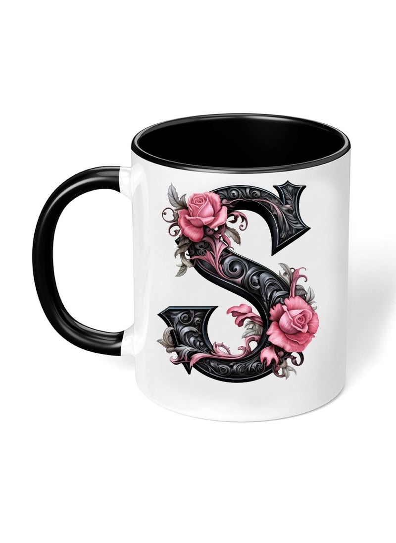 Monogrammed Initial Ceramic Coffee Mug - Stylized Designer Printed Black Two-Tone - Ceramic Coffee or Tea Mug 11 Oz - Glossy Black Mug - Personalized Gift For Family Members And Friends