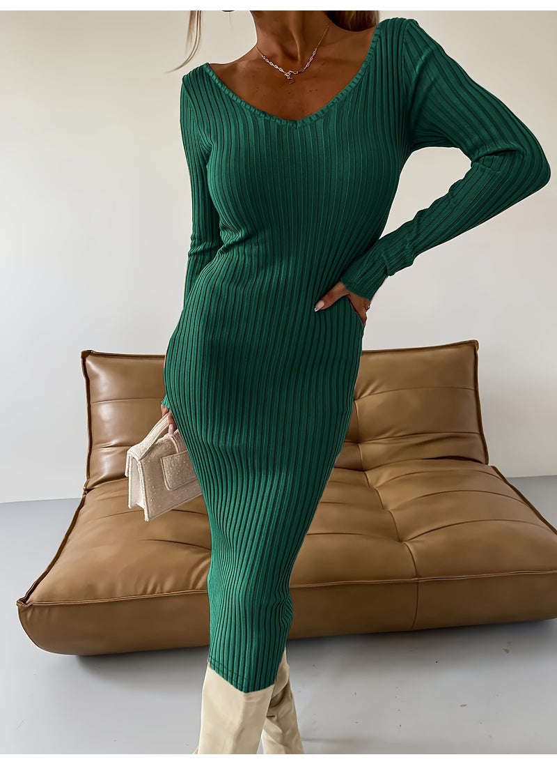 Generic 2024 Best Selling Amazon Explosion Autumn/Winter V-Neck Solid Color Long Sleeve Ribbed Dress Womens Clothing Black  - Image 2