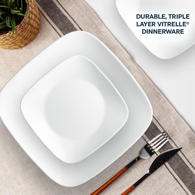 Corelle Vitrelle 18-Piece Service for 6 Square Dinnerware Set Triple Layer Glass and Chip Resistant, Lightweight Square Plates and Bowls Set, Pure White - Image 3