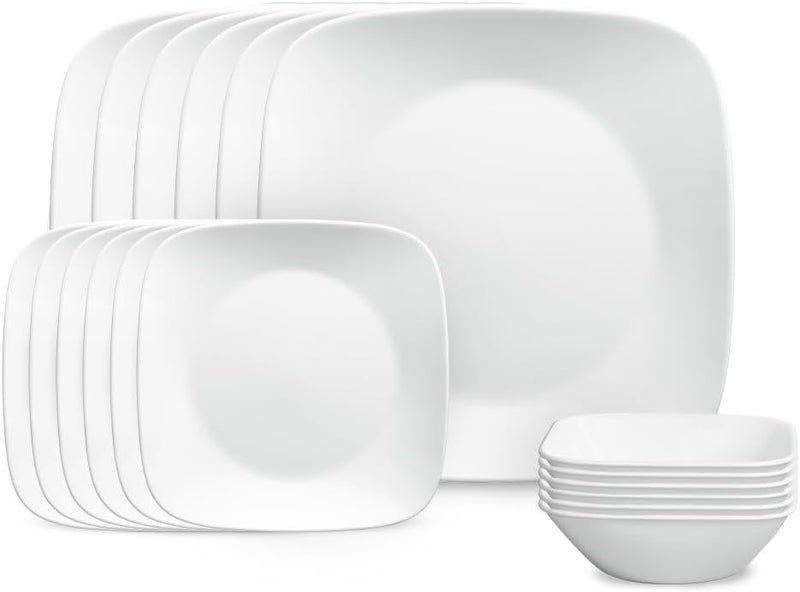 Corelle Vitrelle 18-Piece Service for 6 Square Dinnerware Set Triple Layer Glass and Chip Resistant, Lightweight Square Plates and Bowls Set, Pure White - Image 1