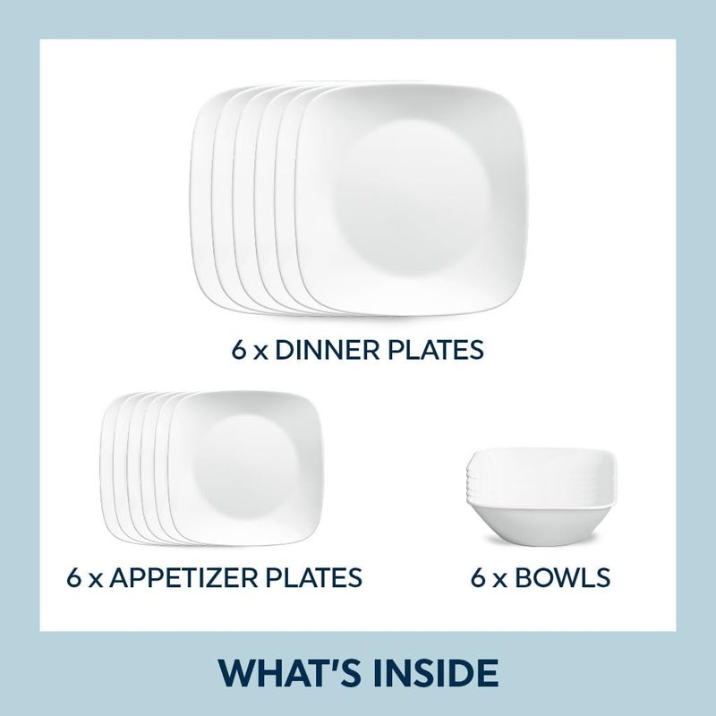 Corelle Vitrelle 18-Piece Service for 6 Square Dinnerware Set Triple Layer Glass and Chip Resistant, Lightweight Square Plates and Bowls Set, Pure White - Image 2