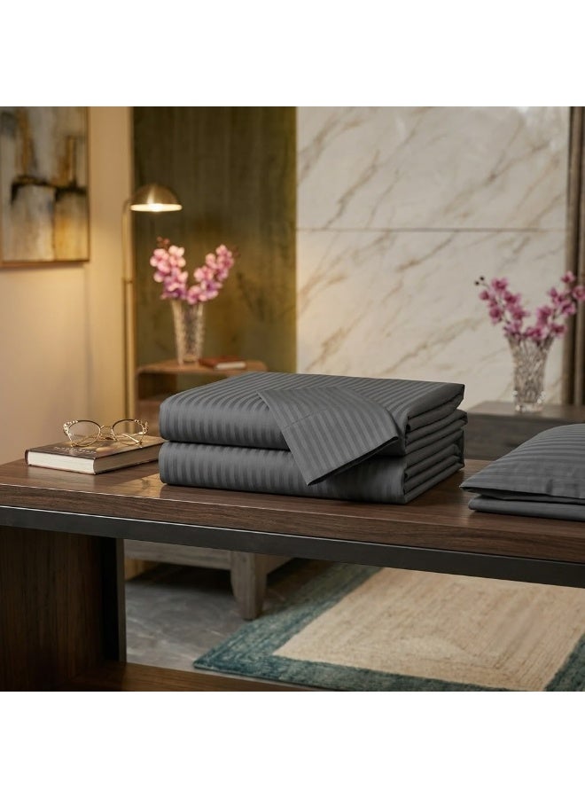 Elegant Hotel-Style Flat Bed Sheet - 90 GSM Soft Fabric with 300 TC Feel & 1cm Satin Stripes in Modern Dark Grey, 280x270 CM Set - Image 4