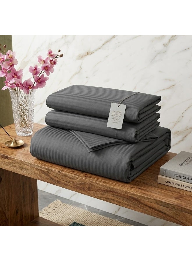 Elegant Hotel-Style Flat Bed Sheet - 90 GSM Soft Fabric with 300 TC Feel & 1cm Satin Stripes in Modern Dark Grey, 280x270 CM Set - Image 3