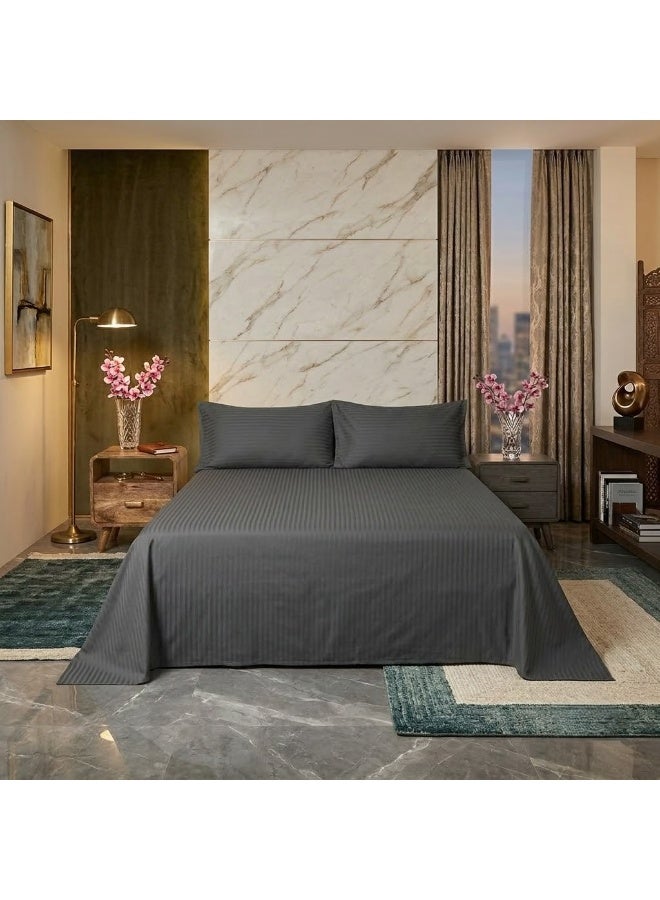 Elegant Hotel-Style Flat Bed Sheet - 90 GSM Soft Fabric with 300 TC Feel & 1cm Satin Stripes in Modern Dark Grey, 280x270 CM Set - Image 1